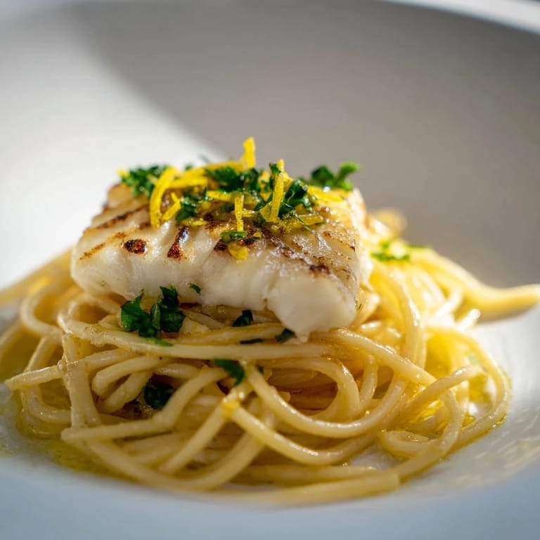 Tender white fish fillets and lemon-butter pasta arranged neatly on a white plate, garnished with parsley and lemon wedges.