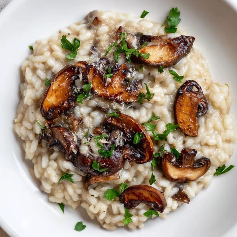 Plated Roasted Mushroom Risotto beside a glass of white wine, fresh thyme, and extra Parmesan for serving.