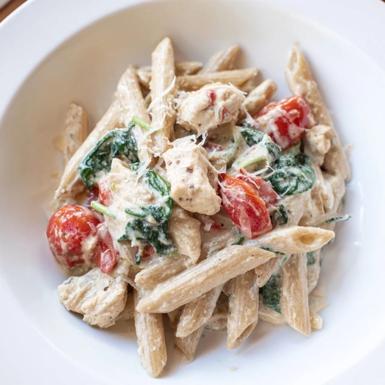 An overhead shot of Greek Yogurt Chicken Pasta garnished with fresh basil and lemon zest, served in a rustic ceramic bowl.