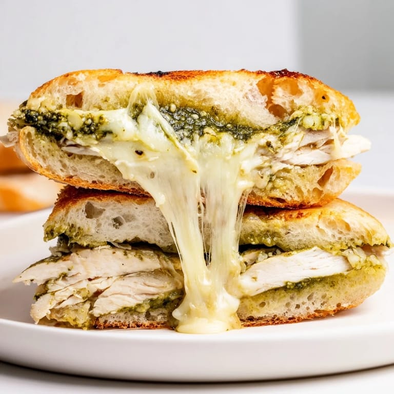 Golden-brown ciabatta bread pressed around gooey mozzarella and fresh basil pesto in this deliciously toasted Chicken Pesto Panini.