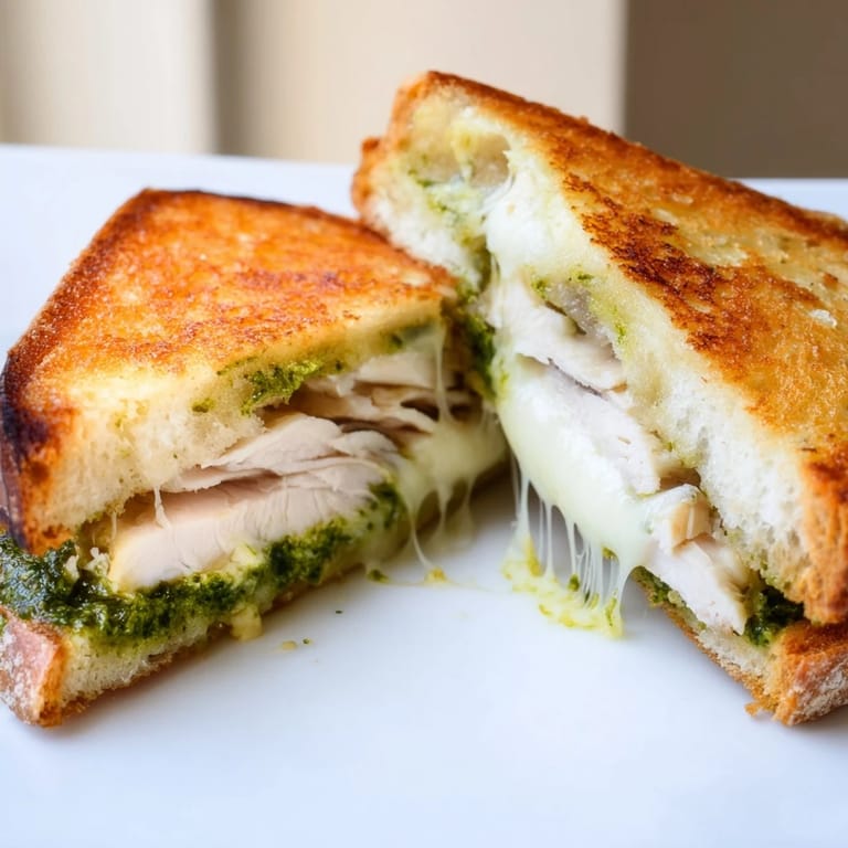 Half of a warm Chicken Pesto Panini revealing juicy chicken and vibrant pesto, ready to be paired with a crisp salad.
