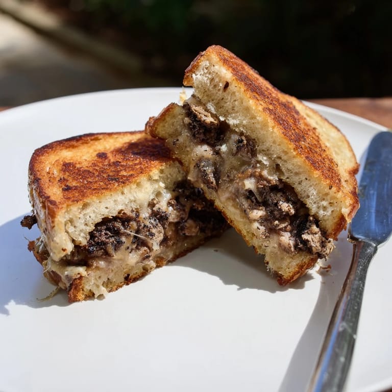 Truffle Grilled Cheese bubbling with melted Gruyère, sliced on a wooden cutting board.  