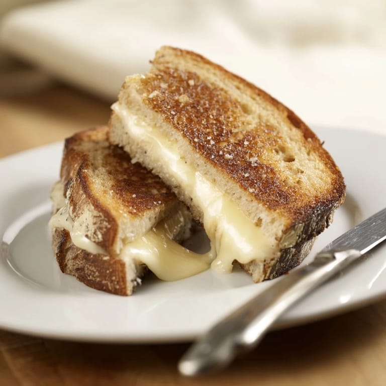 Crispy Truffle Grilled Cheese beside a glass of white wine for a gourmet snack.