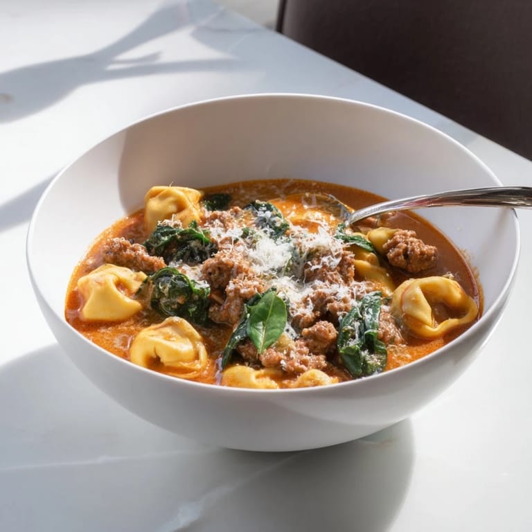 Creamy Tuscan Tortellini Soup served in a rustic bowl, featuring Italian sausage, wilted spinach, and fresh basil garnish. 