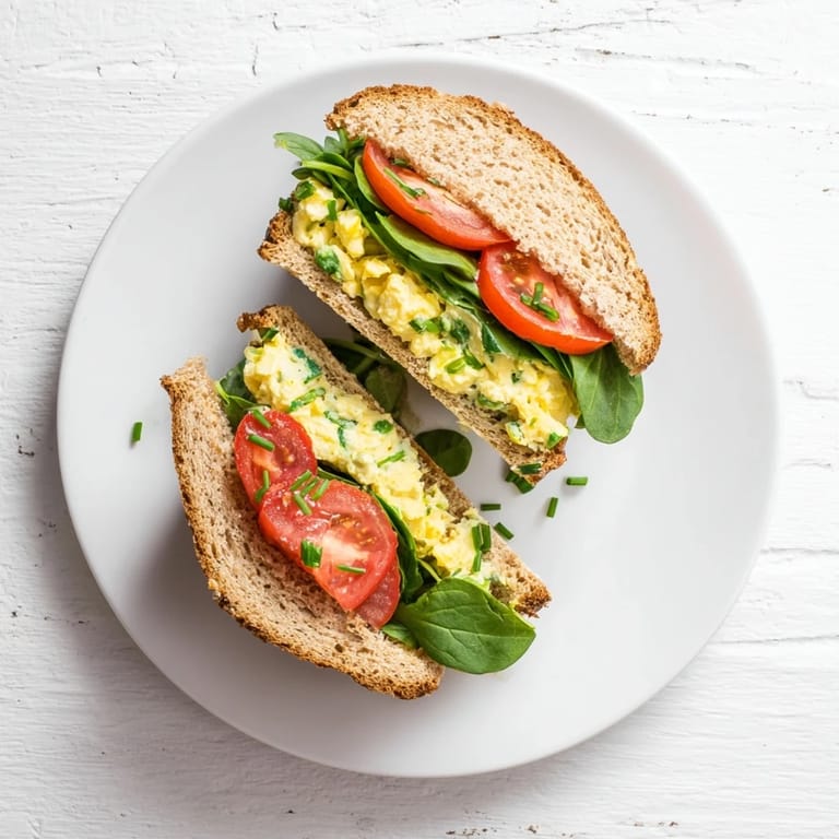 Hand holding a half-eaten avocado egg salad sandwich, revealing a creamy, light egg salad with ripe avocado.