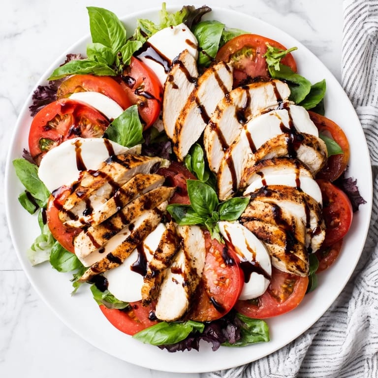 Sliced tomatoes and mozzarella on a platter with juicy grilled chicken and basil leaves, a perfect light summer dinner.