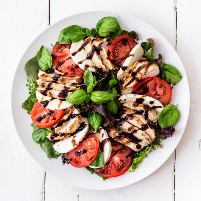Freshly grilled chicken breast layered with ripe tomatoes and mozzarella, finished with olive oil and balsamic in a Caprese salad.