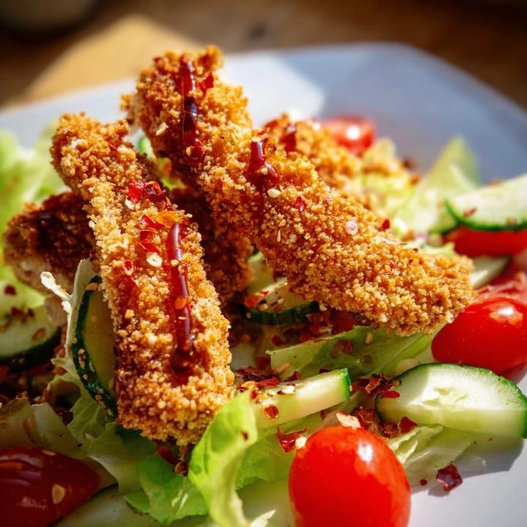 Golden fried chicken strips drenched in spicy hot honey, resting on a bed of crisp greens and red onion slices.