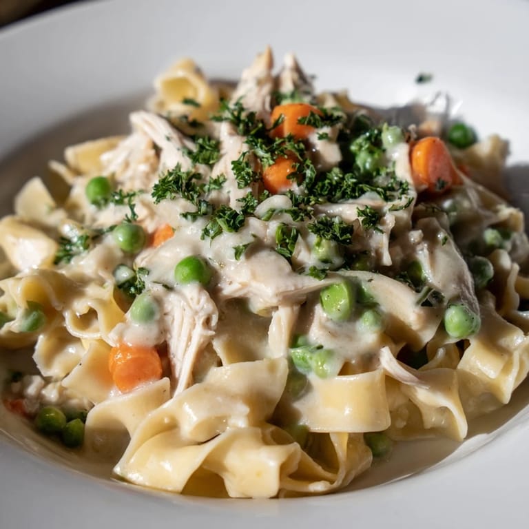 Steam rises from a skillet of Spring Chicken Noodle Skillet, featuring shredded chicken, egg noodles, peas, and carrots in a light, creamy sauce.