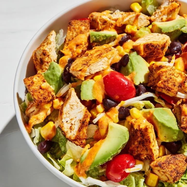 Freshly tossed Chicken Taco Chopped Salad with bright vegetables, golden chicken pieces, and crunchy tortilla chip topping, ready for a quick family dinner.