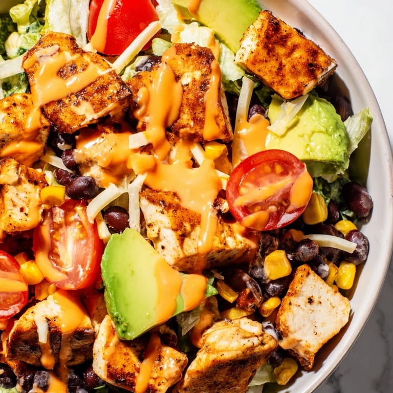Colorful Tex-Mex Chicken Taco Chopped Salad in a bowl, featuring black beans, corn, tomatoes, shredded cheese, and a vibrant lime salsa ranch dressing.