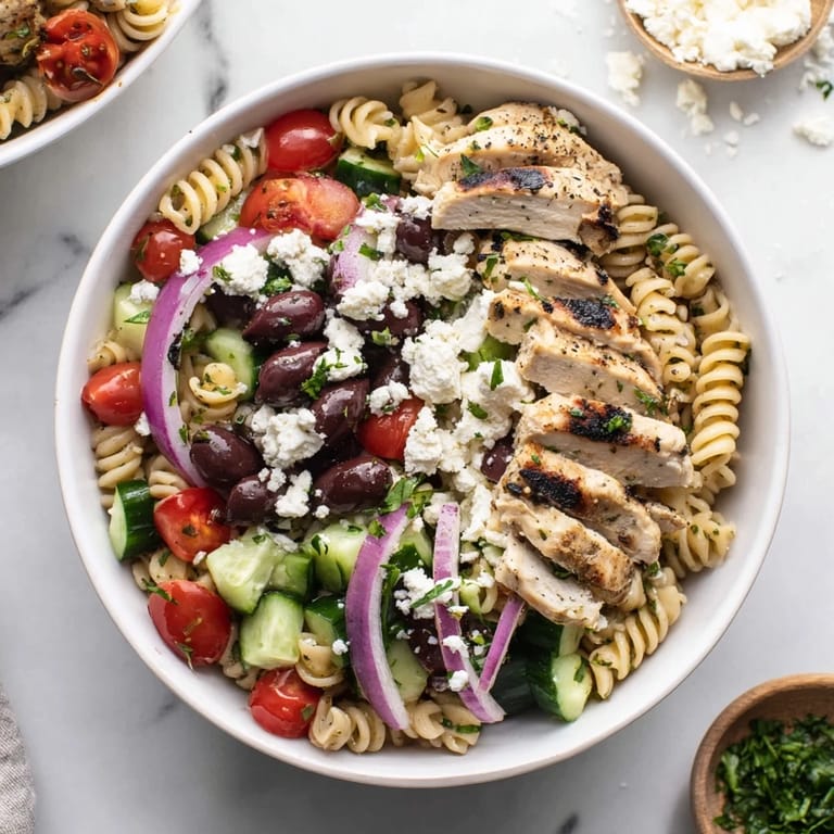 Serving suggestion for a Greek Chicken Pasta Bowl, ready to enjoy with a crisp green salad.