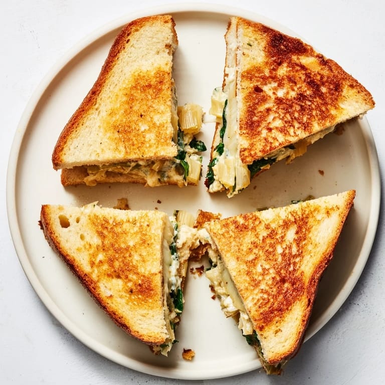 Artichoke Spinach Grilled Cheese oozing creamy dip filling, paired with a warm tomato soup side.