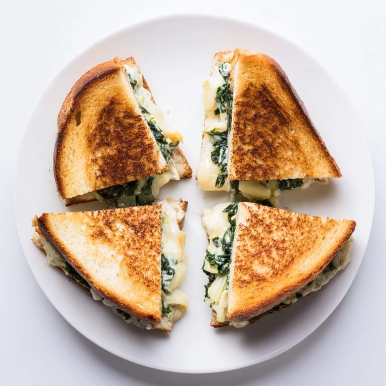 Freshly cooked Artichoke Spinach Grilled Cheese, crispy bread cut diagonally to reveal the cheesy interior.