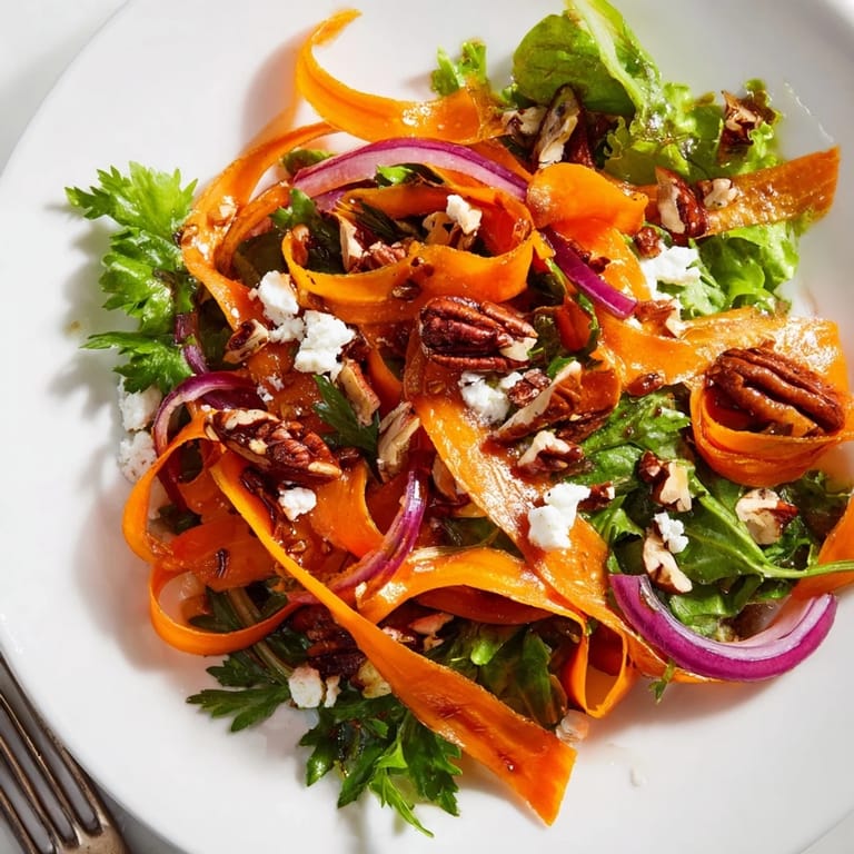 Fresh salad with roasted carrot ribbons, crumbled feta, and walnuts, finished with a vibrant honey-mustard vinaigrette.
