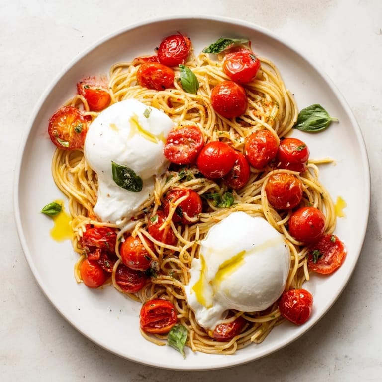 A bowl of burrata caprese pasta tossed with garlic, olive oil, and torn basil, ready to serve.