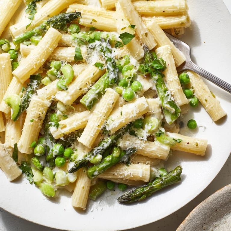 A close-up of Garlic Parmesan Spring Vegetable Pasta, featuring a silky sauce clinging to each noodle and a sprinkle of lemon zest.