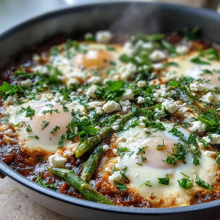 Hearty pea and broad bean shakshuka, a flavorful spring skillet meal for brunch.