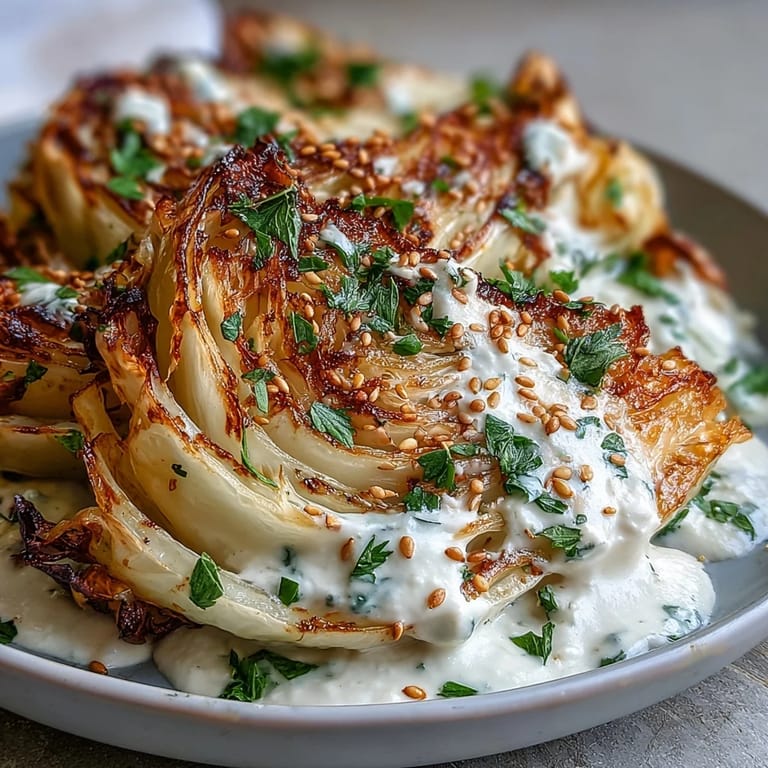 Succulent roasted cabbage wedges are topped with a luscious, nutty tahini sauce.