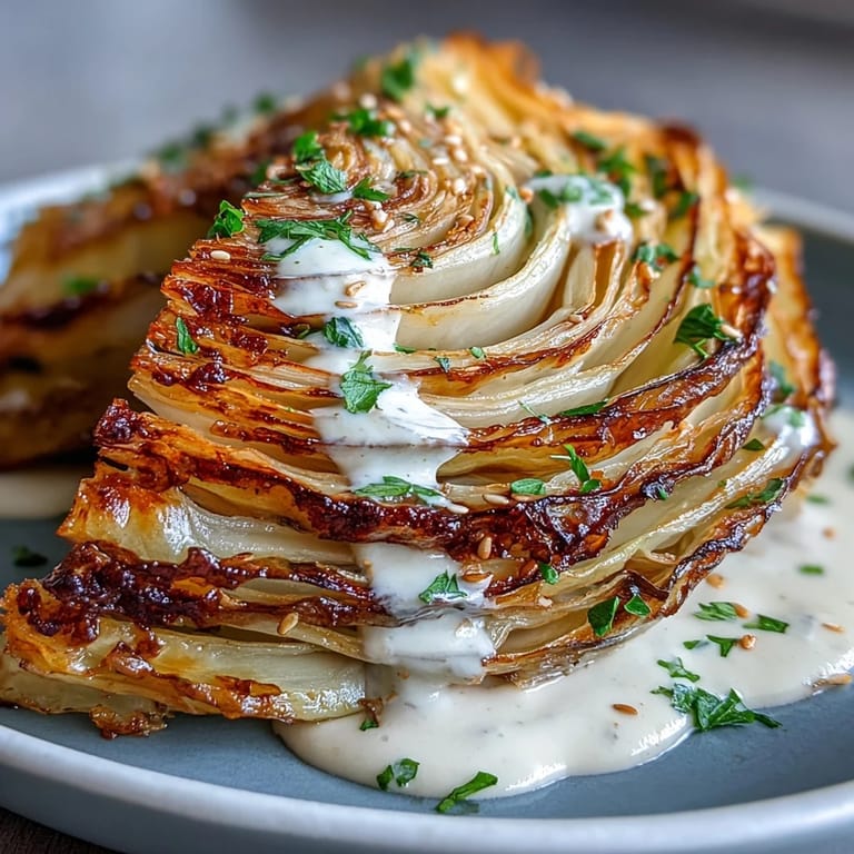 Easy roasted cabbage wedges with a vibrant, smooth tahini sauce ready to enjoy.