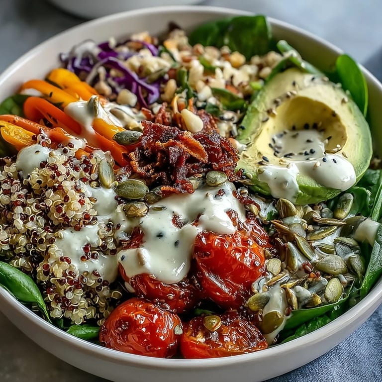 Hearty Rainbow Buddha Bowl With Quinoa topped with crunchy seeds and hearty protein.