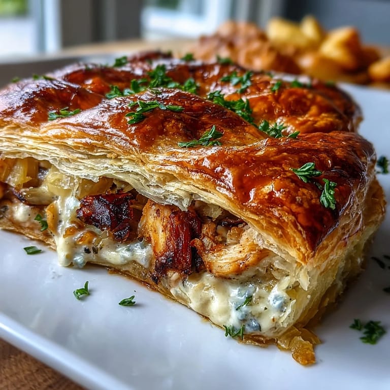 Fresh thyme garnishes this rustic Chicken and Leek Pie, served alongside buttery mashed potatoes and a glass of white wine.