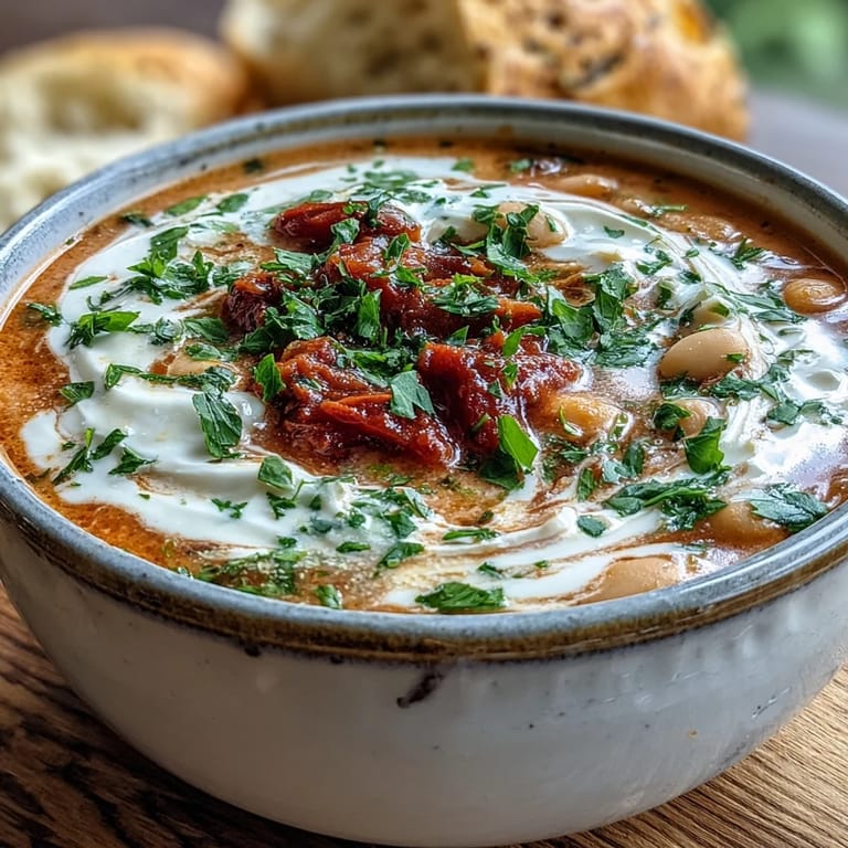 A comforting pot of White Bean Soup With Tomato simmering with thyme, oregano, and diced tomatoes.
