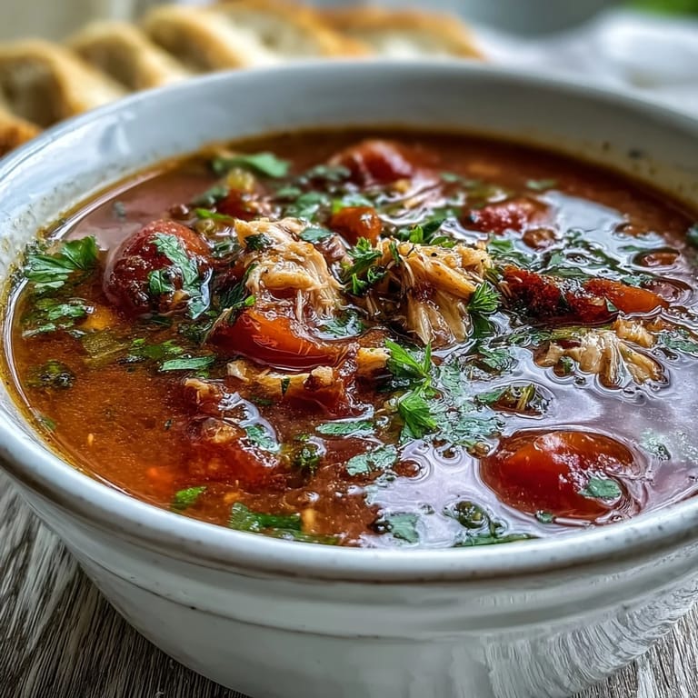 Warm Italian-inspired tuna and tomato soup simmering in a pot with diced carrots, celery, and aromatic herbs.