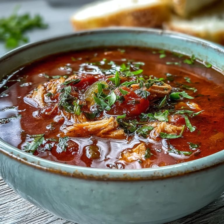Hearty tuna and tomato soup in a bowl, topped with fresh parsley and a squeeze of lemon.
