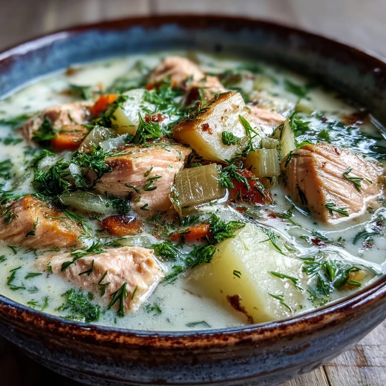 A comforting bowl of Finnish Salmon Soup garnished with dill, featuring potatoes and carrots in creamy broth.