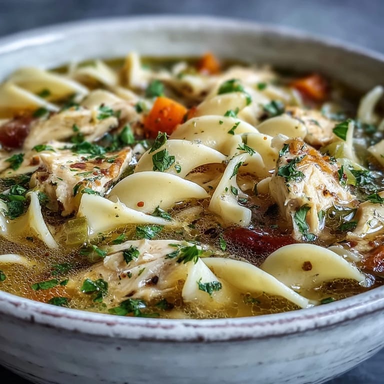 Close-up of Chicken Noodle Soup showing diced chicken and fresh parsley garnish on top.