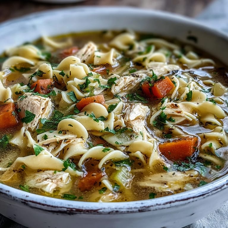 Family-style Chicken Noodle Soup in a white pot, served with crusty bread alongside.