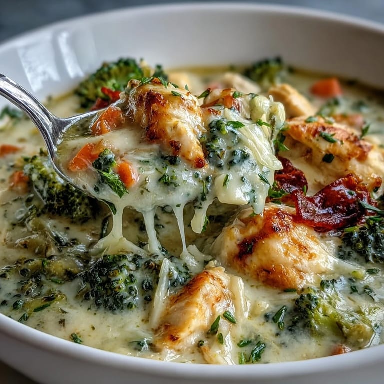 A ladle serves up a generous portion of Best Chicken Broccoli Cheddar Soup beside a slice of crusty artisan bread.