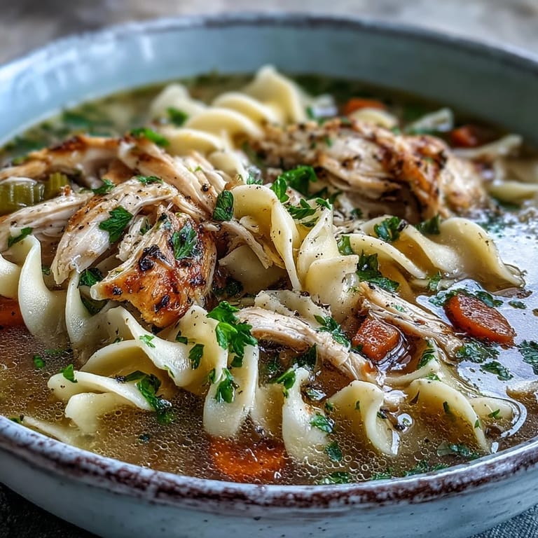A close-up of homemade chicken and noodle soup reveals fresh parsley garnish, spoon-ready broth, and vibrant vegetables in a rustic pot.