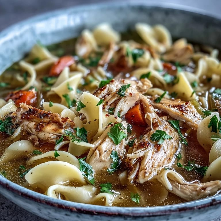 Comforting bowl of classic chicken and noodle soup served with crusty bread, ideal for a cozy weeknight family dinner.