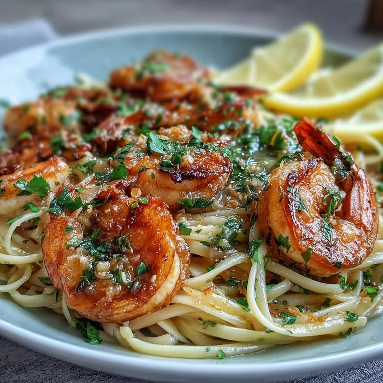 Fresh parsley and lemon wedges garnish a warm bowl of Shrimp Scampi With Linguine, paired with white wine.