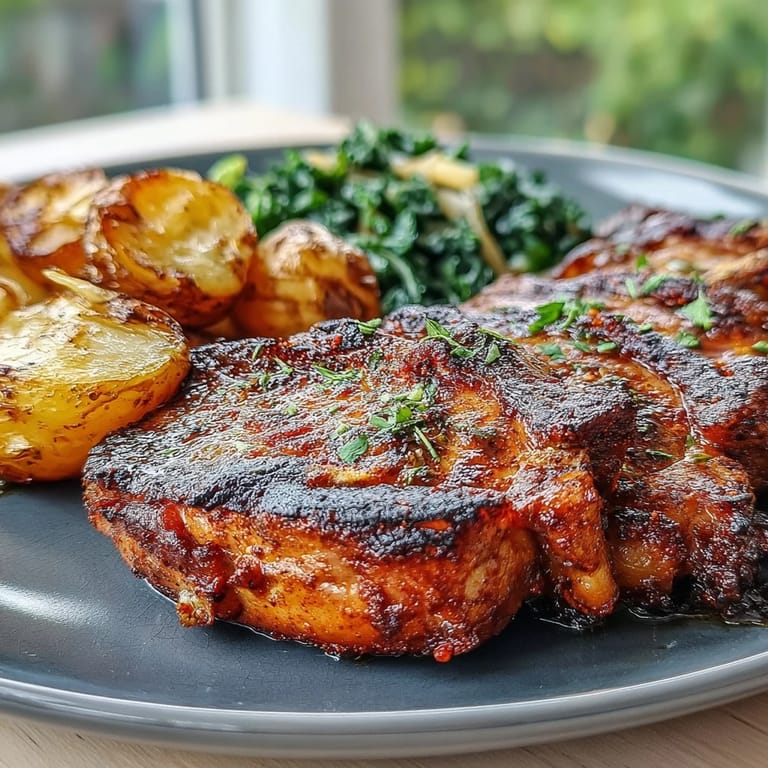 Golden roasted potatoes and smoky Aleppo Pork Chops with Potatoes and Greens plated with lemon wedges and fresh herbs.