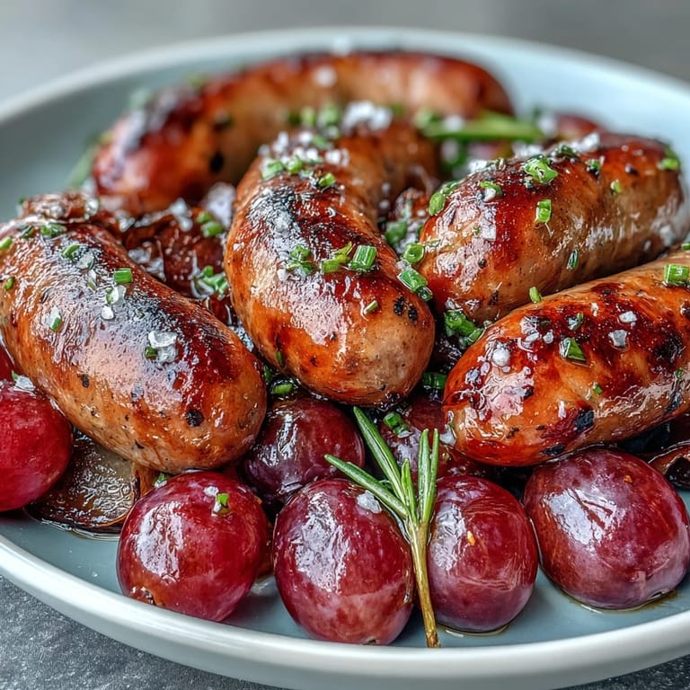 Sizzling Italian sausages roasted with red grapes and onions, finished with fresh rosemary on a rustic sheet pan.