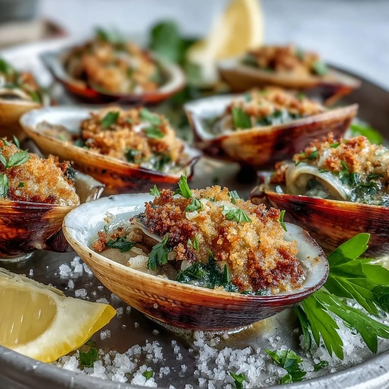Savory roasted clams with zesty lemon-parsley breadcrumbs, finished with Parmesan and lemon wedges for squeezing.