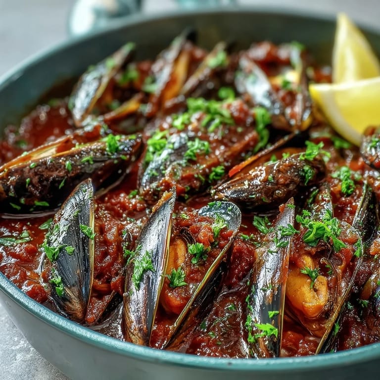 Close-up view of Smoky Mussels Pomodoro, featuring open shells nestled in a vibrant red sauce. Served alongside crusty bread for dipping, ideal for dinner.