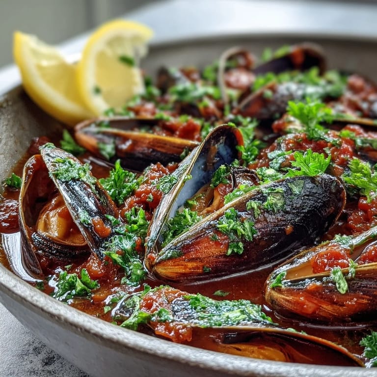 Pan of Smoky Mussels Pomodoro simmering in a rich, smoky tomato sauce with visible steam rising. Garlic and red pepper flakes infuse bold Mediterranean flavor.