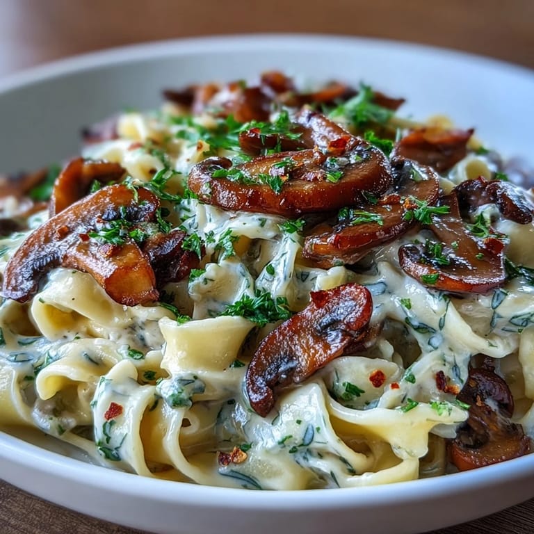Close-up of Creamy Mushroom Stroganoff served on a white plate, highlighting the tender mushrooms and creamy sauce, ready to enjoy.