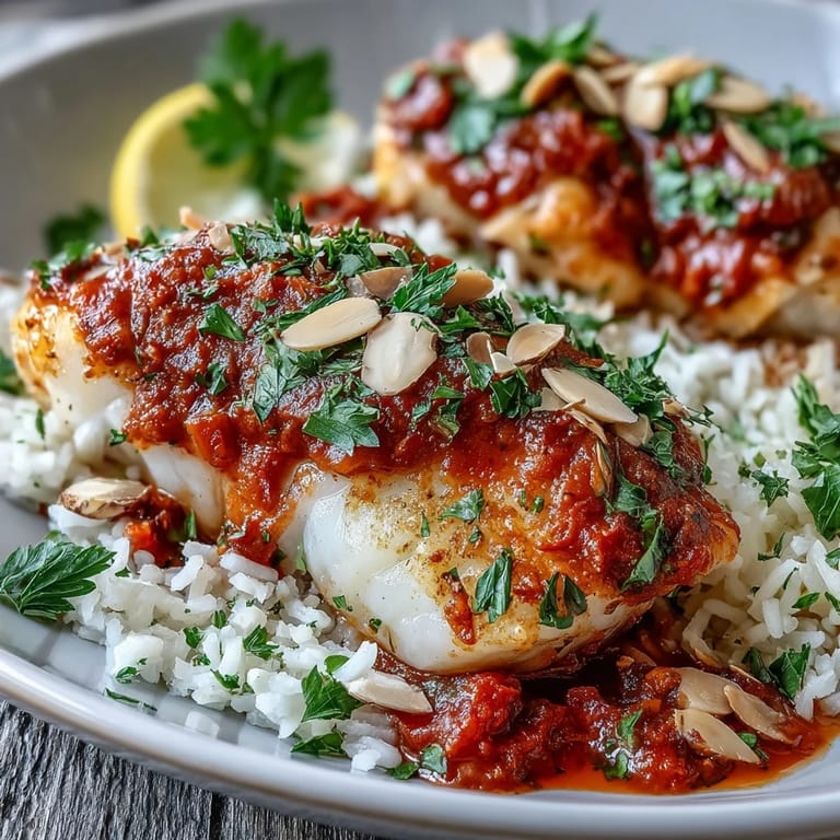 Plated Tomato-Roasted Cod With Spiced Almonds alongside lemon wedges and vibrant herbs in cozy, home-kitchen lighting.