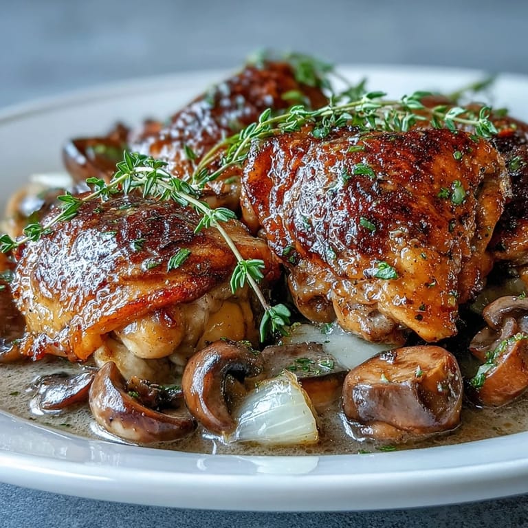 A rustic serving of Coq au Vin Rosé with chicken, mushrooms, and herbs next to crusty bread.