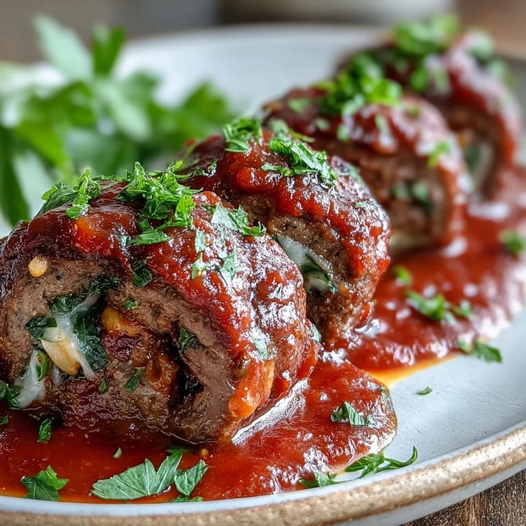 Plated Sicilian-Style Braciole slices are topped with more tomato sauce and fresh parsley, served alongside spaghetti and crusty bread at a cozy table.