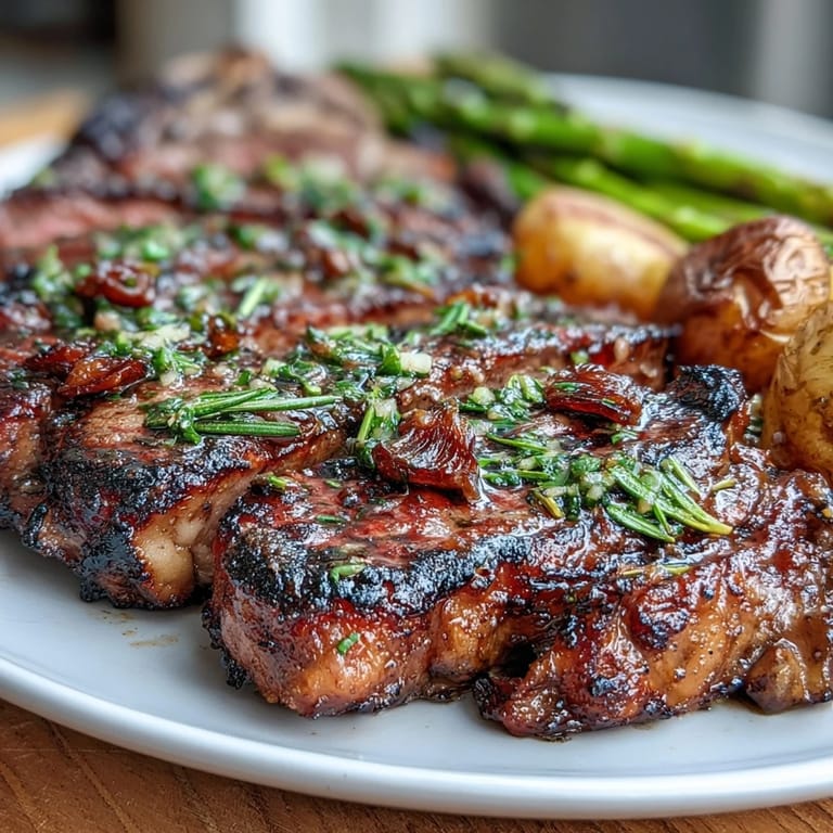 Juicy, medium-rare bone-in rib eye served with buttery parsley potatoes and charred asparagus spears.