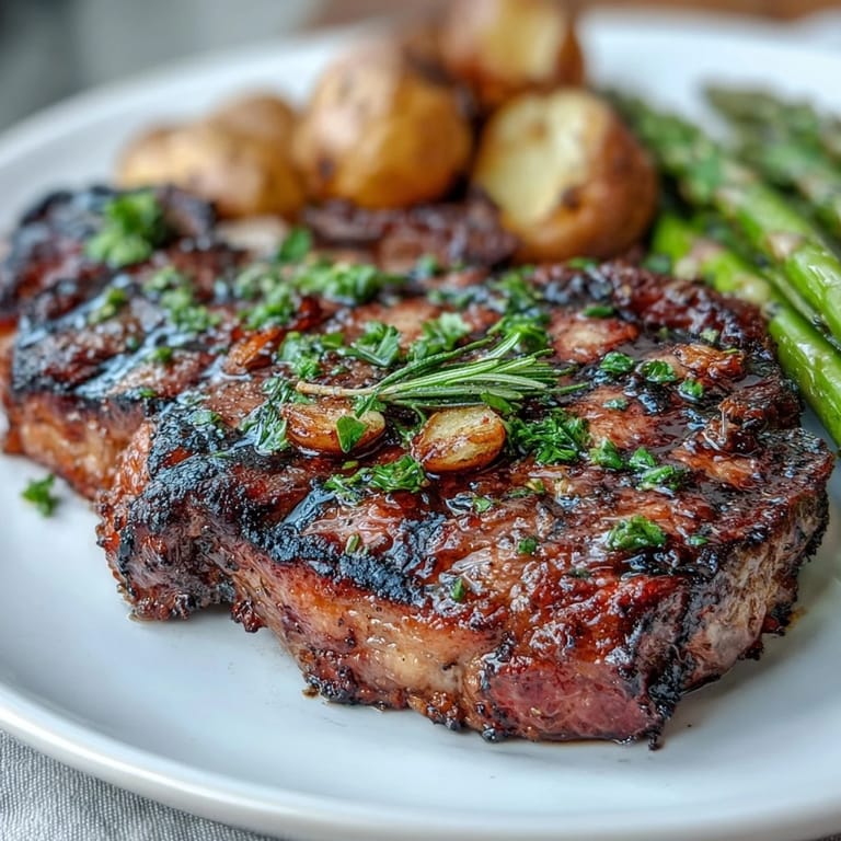 Showstopping grilled bone-in rib eye plated with asparagus and lemon wedges, ready for a classic dinner.