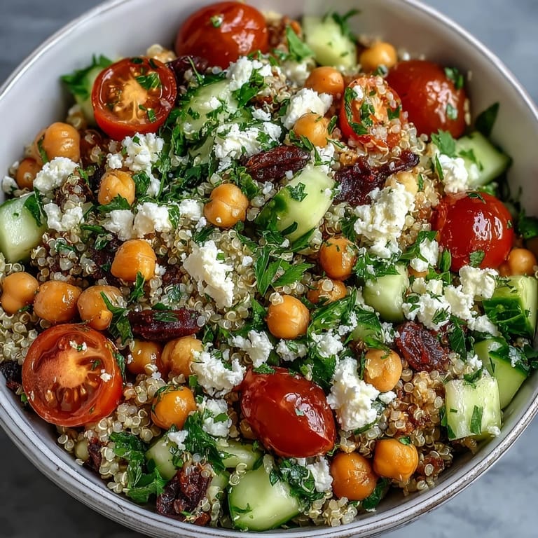 Bright cherry tomatoes, diced cucumber, and fresh herbs mingle in a bowl of High Protein Quinoa & Chickpea Salad.
