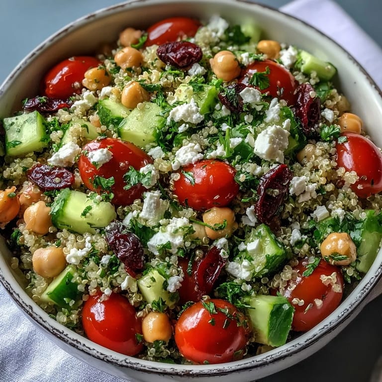 Freshly tossed High Protein Quinoa & Chickpea Salad topped with crumbled feta, ready to serve as a healthy lunch.
