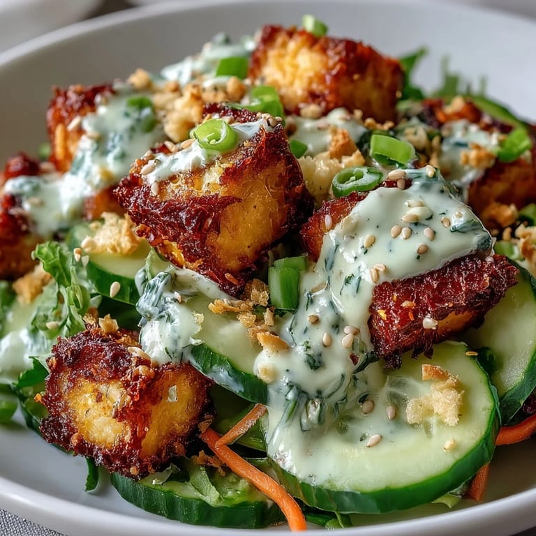 Set on a rustic wooden table, this Creamy Asian Cucumber Salad with Crispy Tofu features lime wedges and sesame seeds, ready to be enjoyed.
